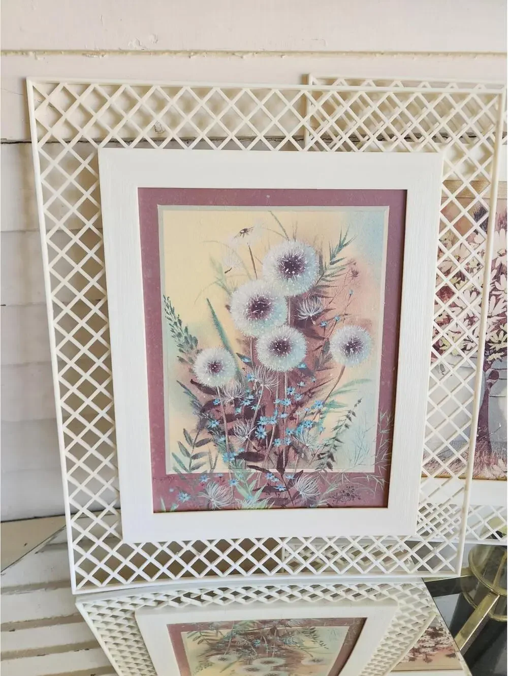 Vintage Framed Retro Floral Lithographs in Plastic Lattice Style Frames